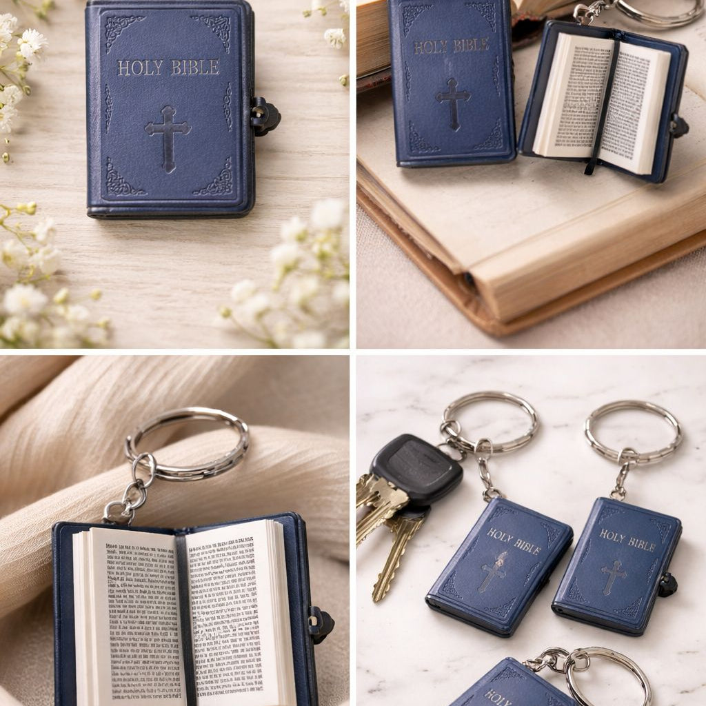 Blue keychain shaped like an open book with a cross on a wooden surface.