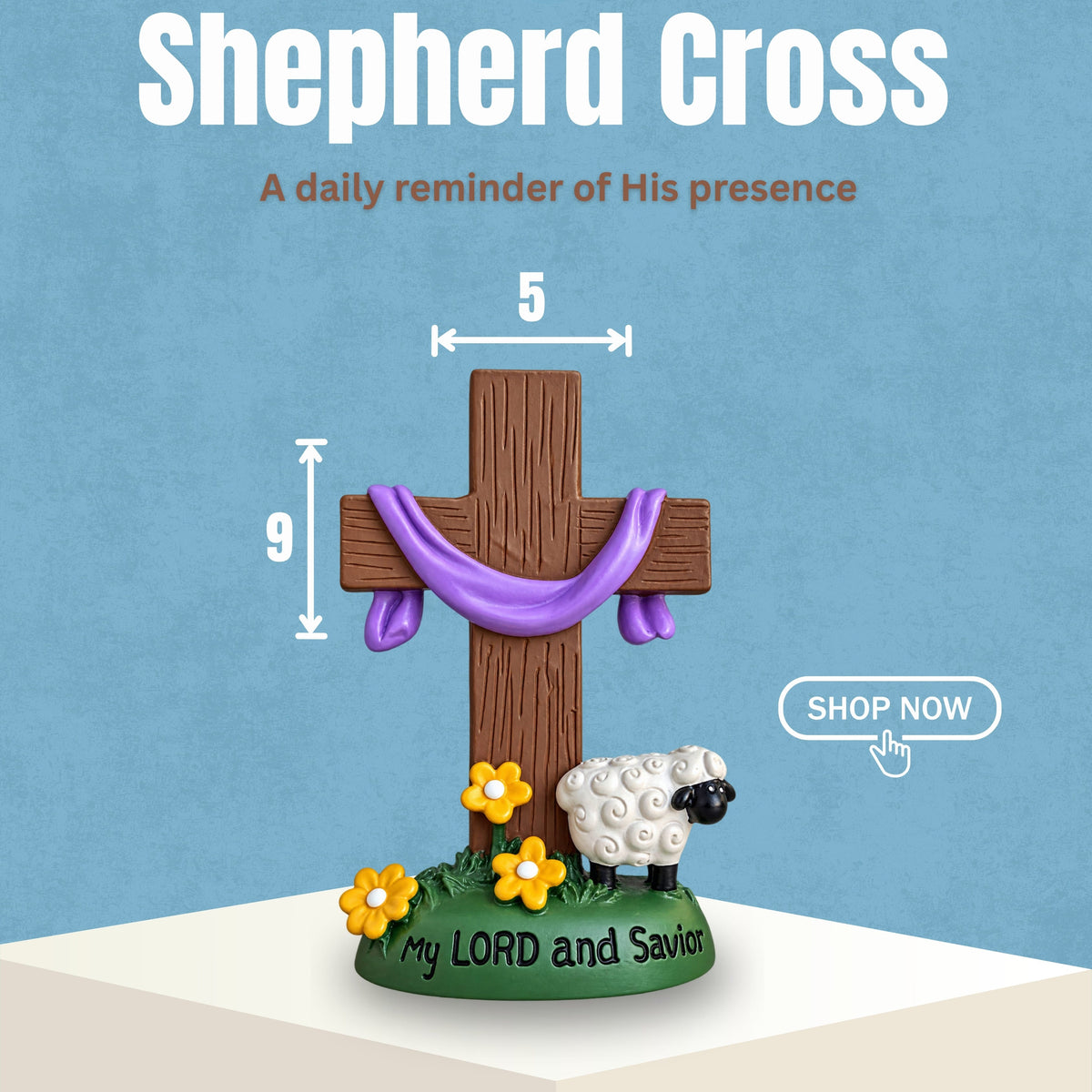 Shepherd Cross decorative figurine on a pedestal base with a small sheep, yellow flowers, and a purple garland, shown with dimension labels and a 'SHOP NOW' callout on a blue background.