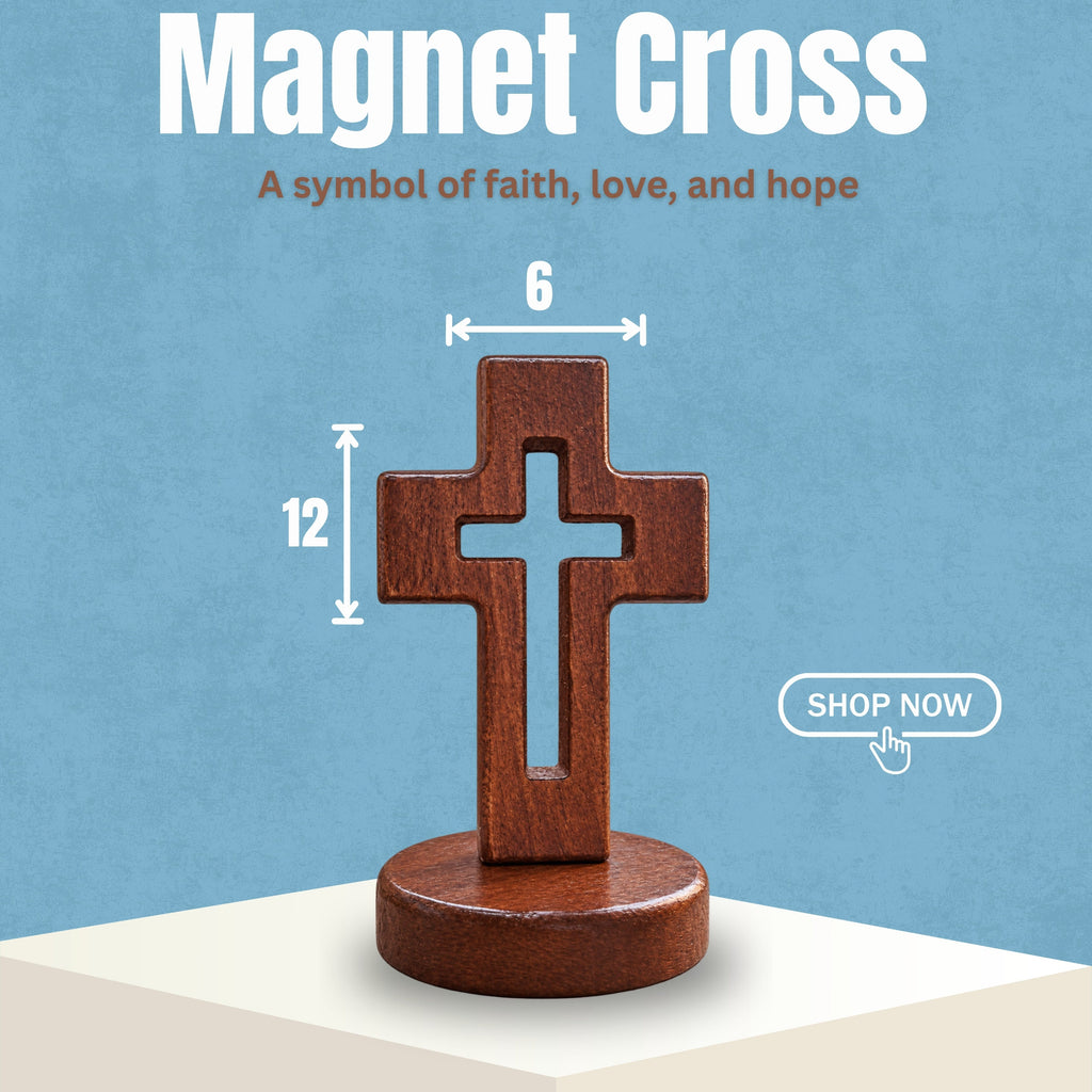 A wooden cross-shaped magnet on a round base, shown with dimension labels of 6 by 12 and marketing text reading 'Magnet Cross' and 'A symbol of faith, love, and hope' on a blue background.