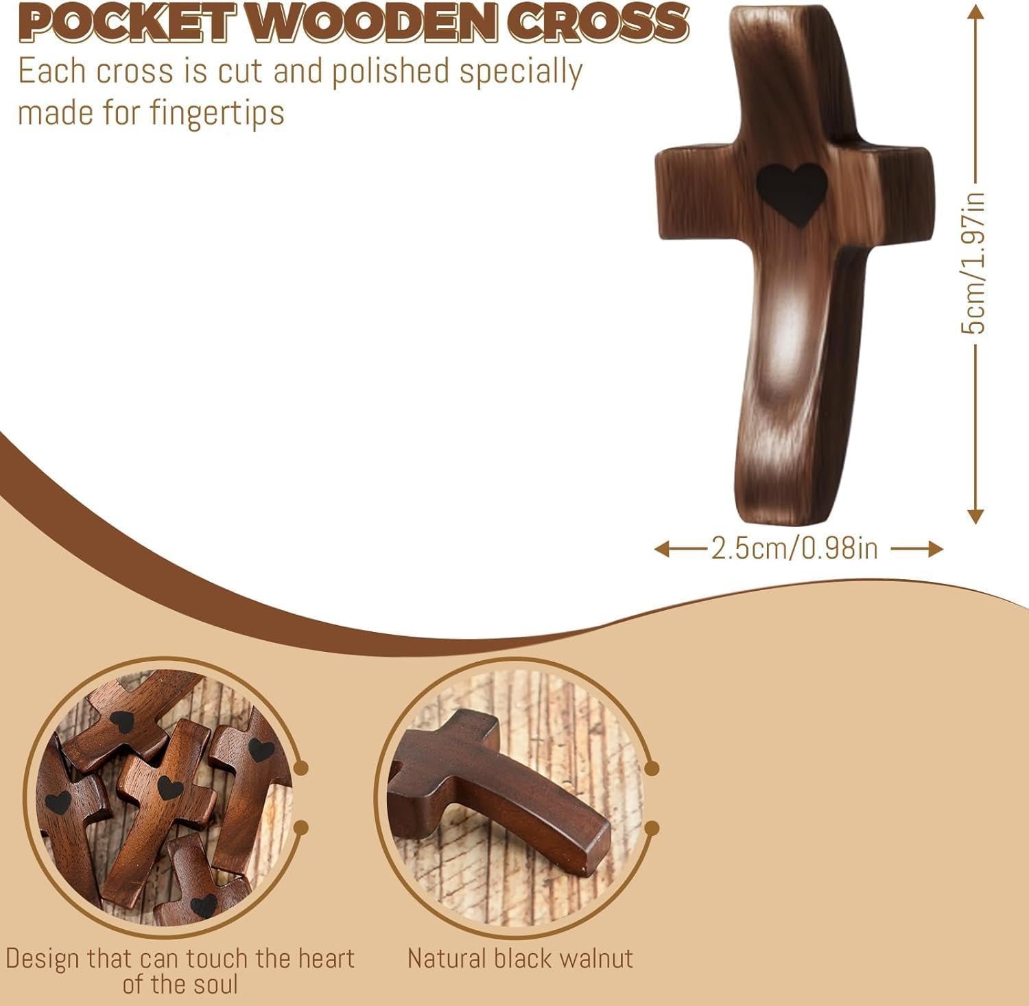 Wooden cross with dimensions and packaging details on a beige background