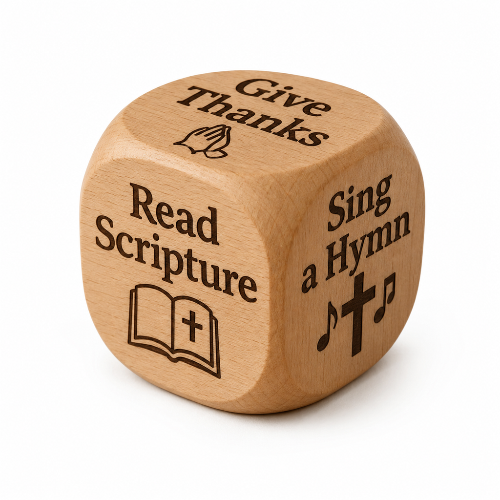 A wooden prayer cube with engraved black text and religious symbols, showing the faces 'Give Thanks', 'Read Scripture', and 'Sing a Hymn' on a white background.