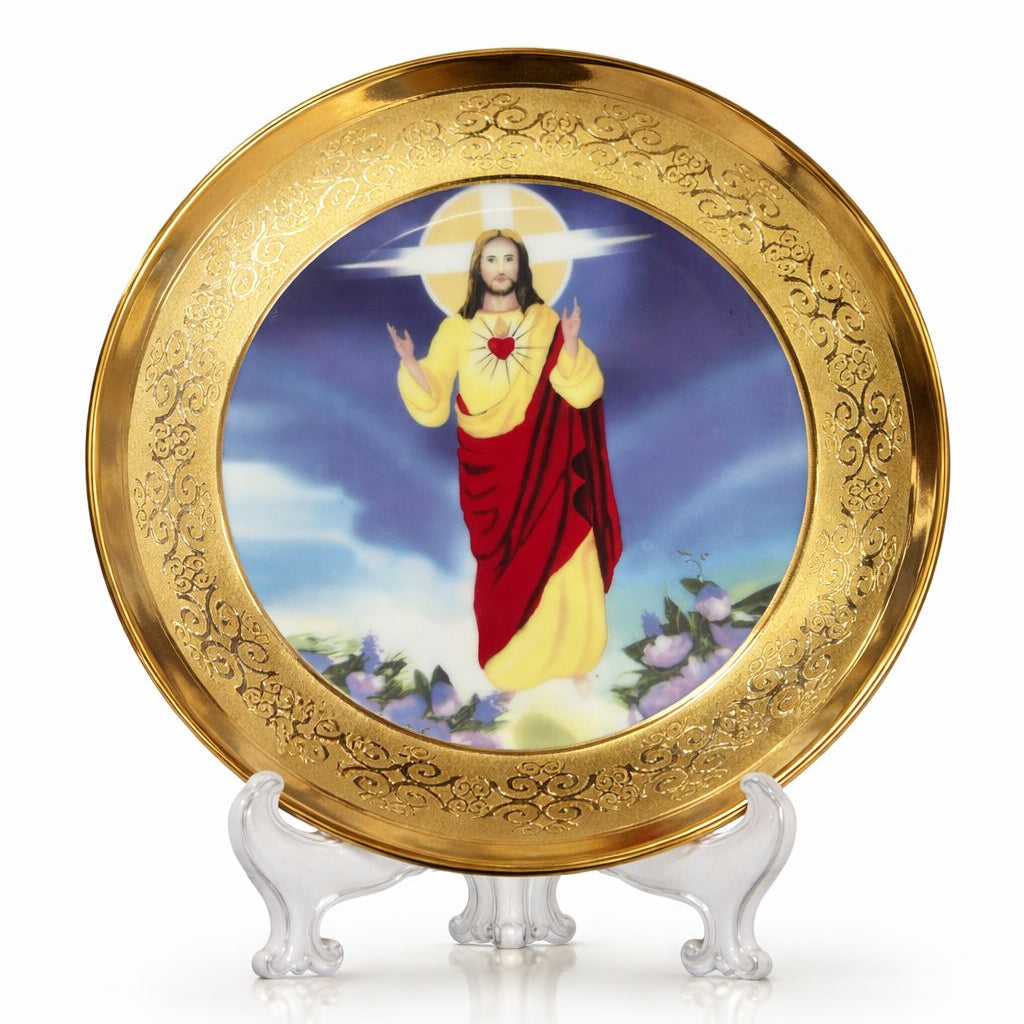 Decorative plate with a religious figure on a stand against a white background