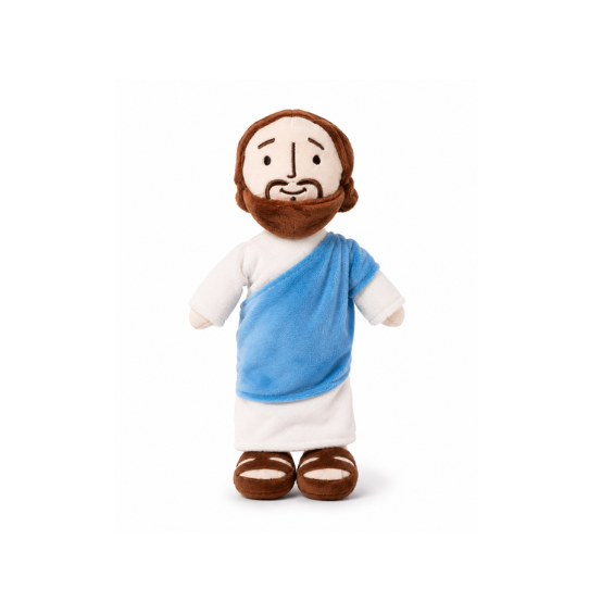 Plush toy resembling a religious figure with a white robe and brown sandals on a white background