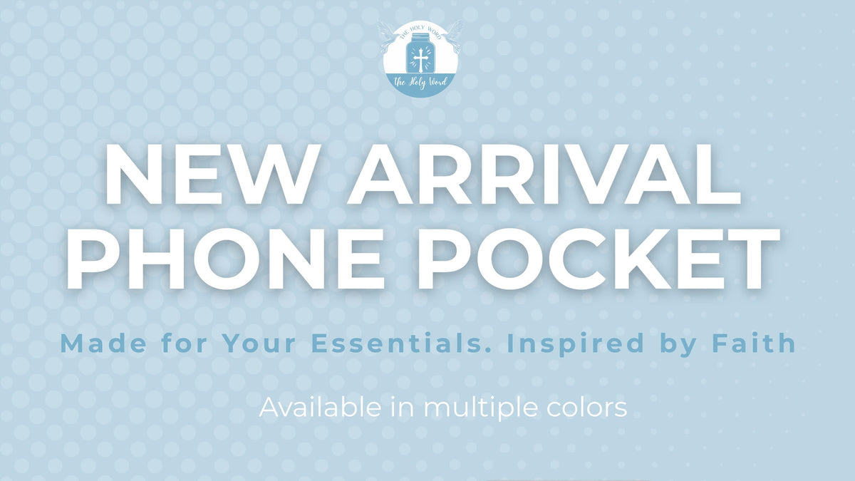 Two phone pockets shown on phone backs against a light blue promotional background. The left pocket is off-white with black cross motifs, and the right pocket is dark blue with black cross motifs.